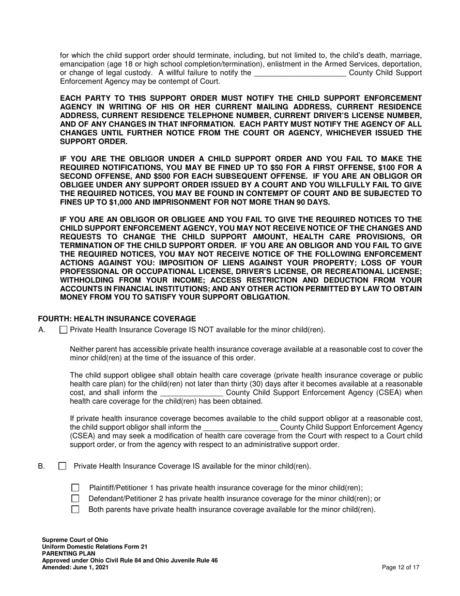 Uniform Domestic Relations Form 21 Parenting Plan - Ohio, Page 12