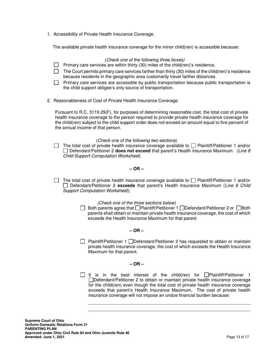 Uniform Domestic Relations Form 21 Parenting Plan - Ohio, Page 13
