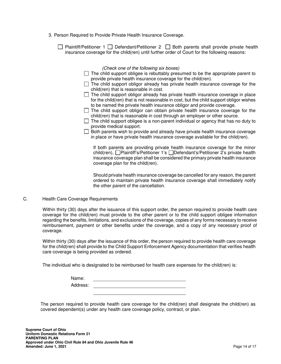 Uniform Domestic Relations Form 21 Parenting Plan - Ohio, Page 14