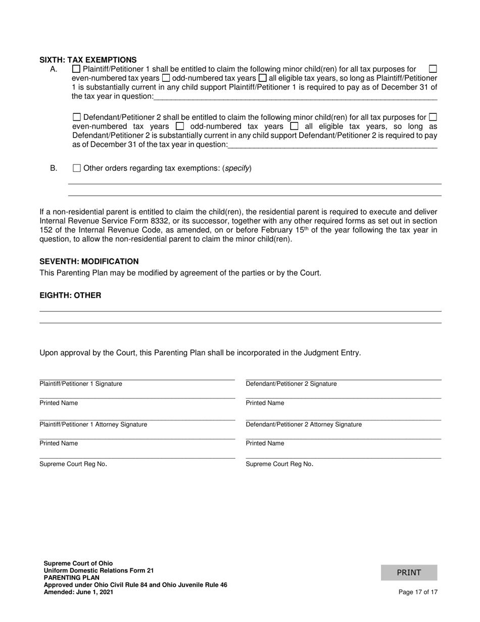 Uniform Domestic Relations Form 21 Parenting Plan - Ohio, Page 17