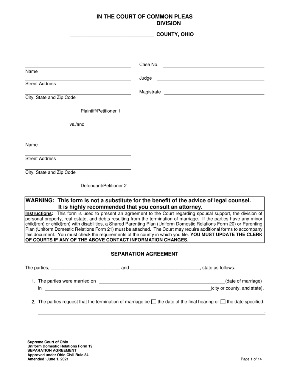 Uniform Domestic Relations Form 19 Separation Agreement - Ohio, Page 1