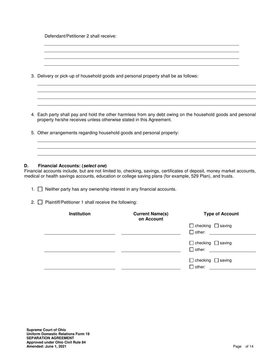 Uniform Domestic Relations Form 19 Separation Agreement - Ohio, Page 5