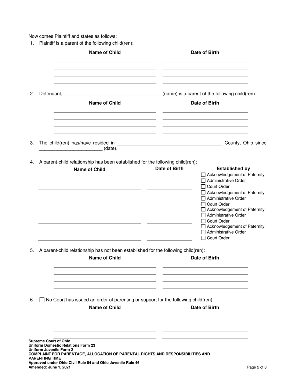 Uniform Domestic Relations Form 23 (Uniform Juvenile Form 2) Complaint for Parentage, Allocation of Parental Rights and Responsibilities (Custody), and Parenting Time (Companionship and Visitation) - Ohio, Page 2