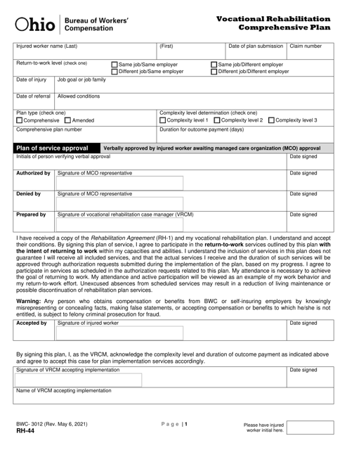 Form RH-44 (BWC-3012) Vocational Rehabilitation Comprehensive Plan - Ohio