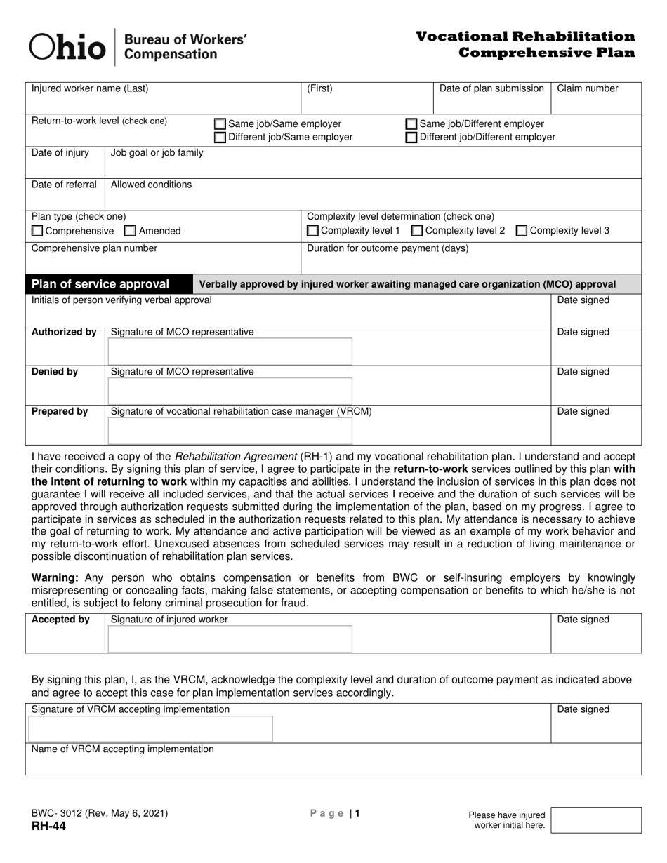 Form RH-44 (BWC-3012) Vocational Rehabilitation Comprehensive Plan - Ohio, Page 1