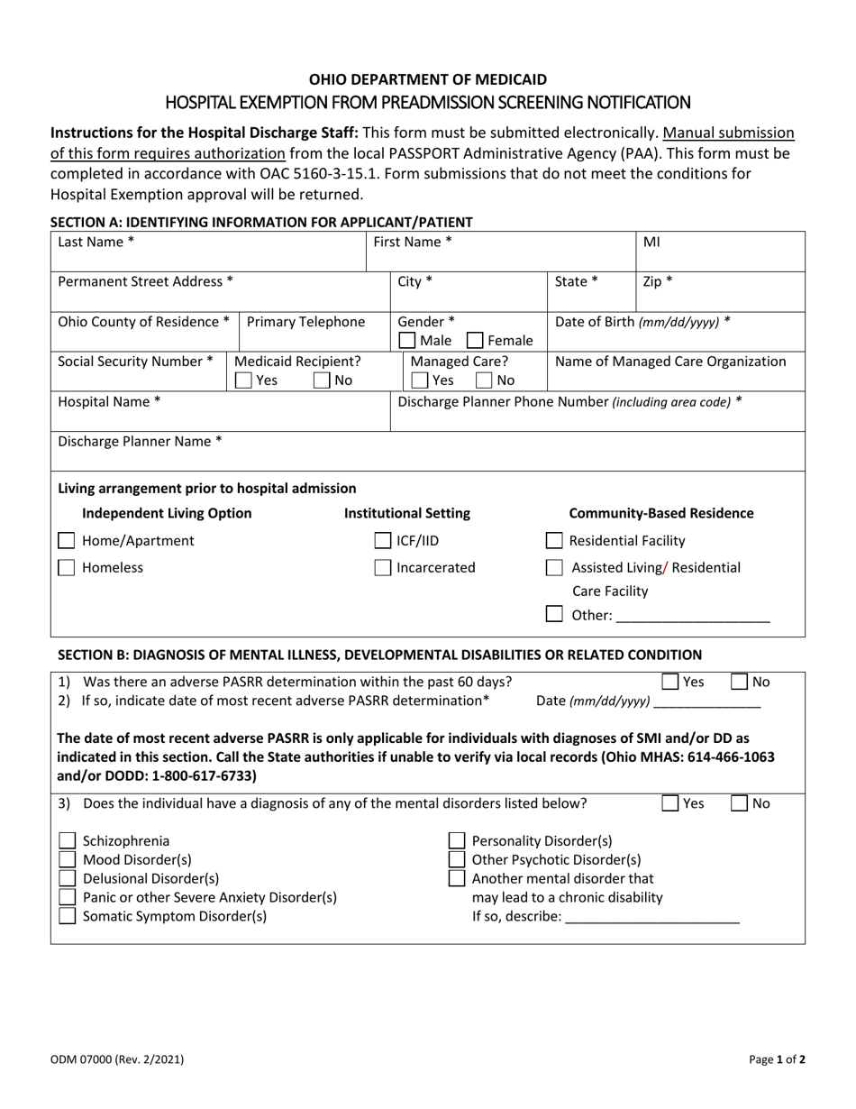 Form ODM07000 Hospital Exemption From Preadmission Screening Notification - Ohio, Page 1