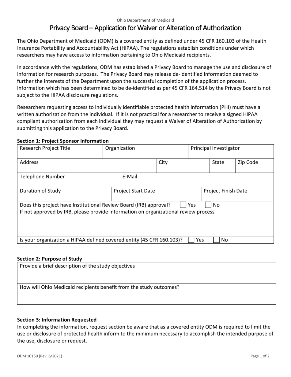 Form ODM10159 Privacy Board - Application for Waiver or Alteration of Authorization - Ohio, Page 1