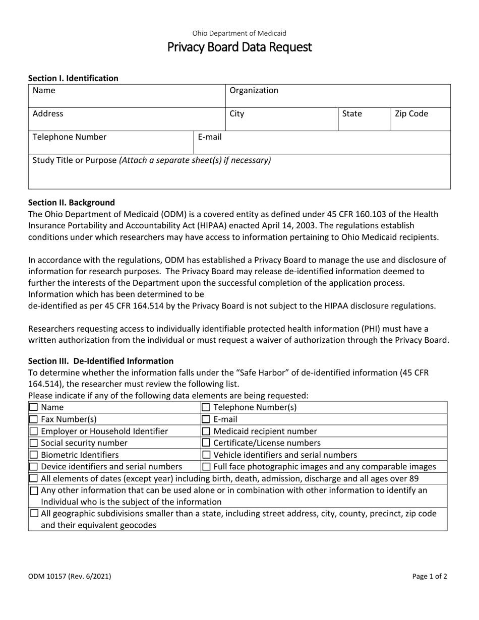 Form ODM10157 Privacy Board Data Request - Ohio, Page 1