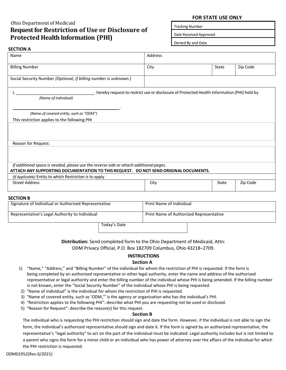 Form ODM01953 Request for Amendment to Protected Health Information (Phi) - Ohio, Page 1