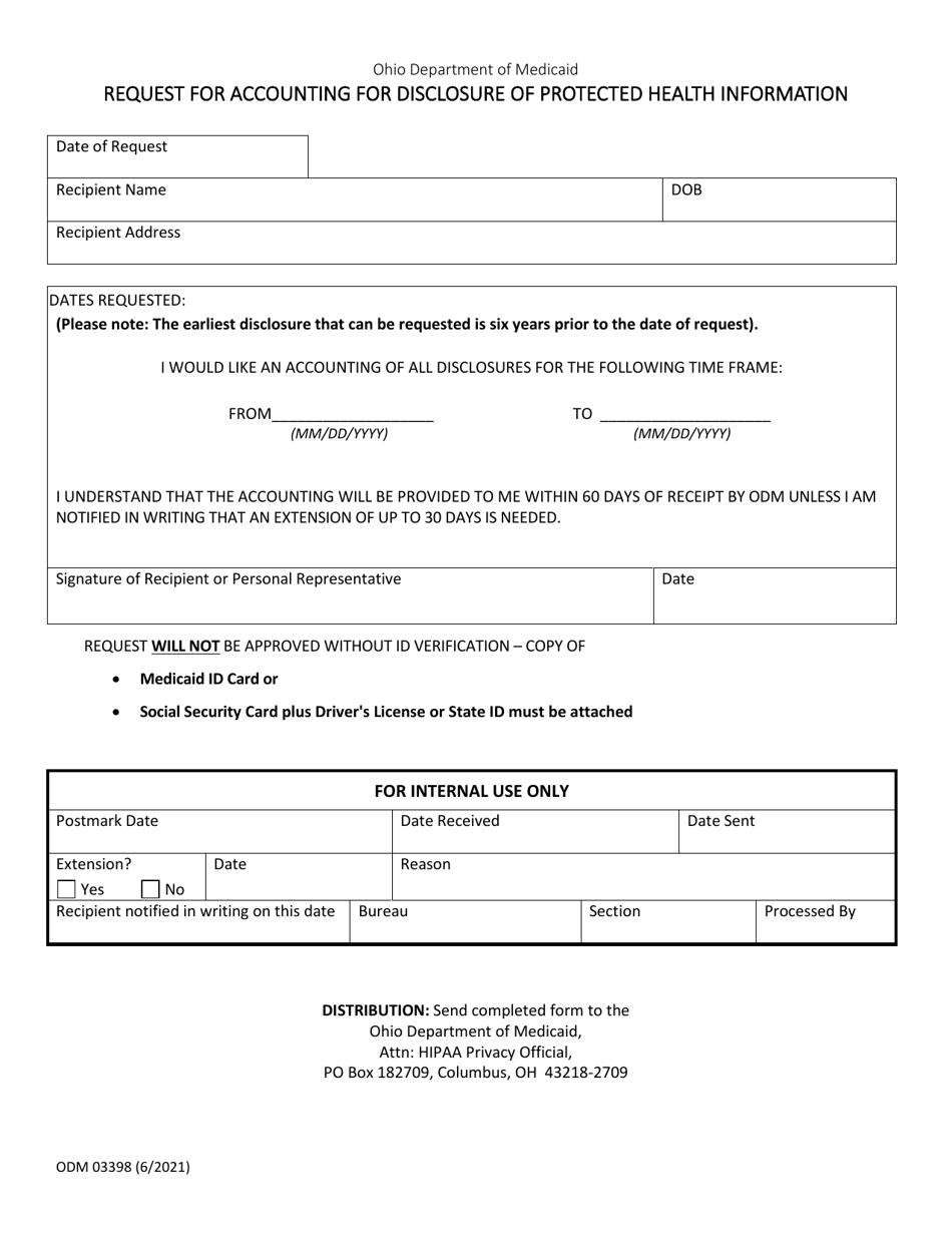 Form ODM03398 Request for Accounting for Disclosure of Protected Health Information - Ohio, Page 1