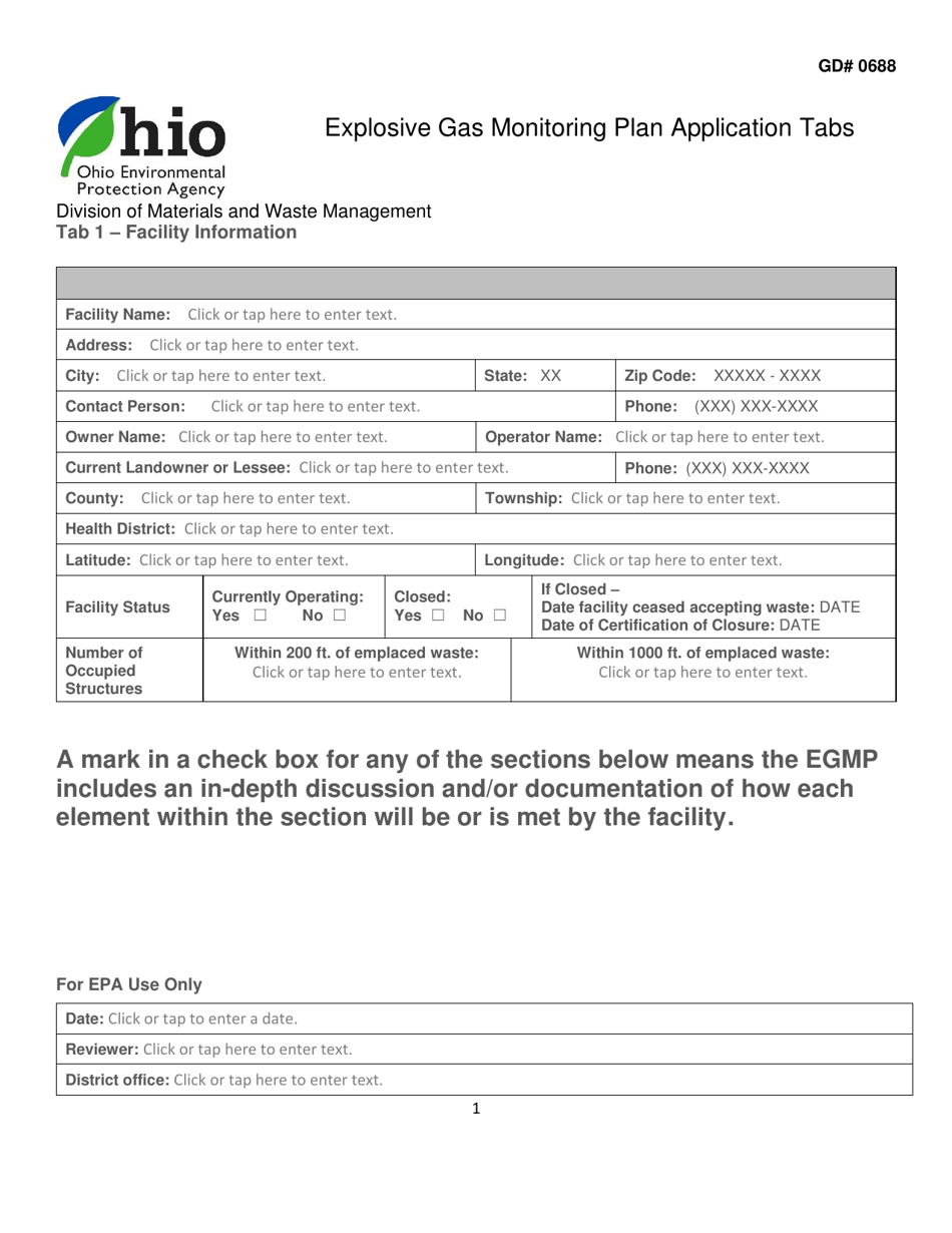 Form GD0688 Explosive Gas Monitoring Plan Application Tabs - Ohio, Page 1