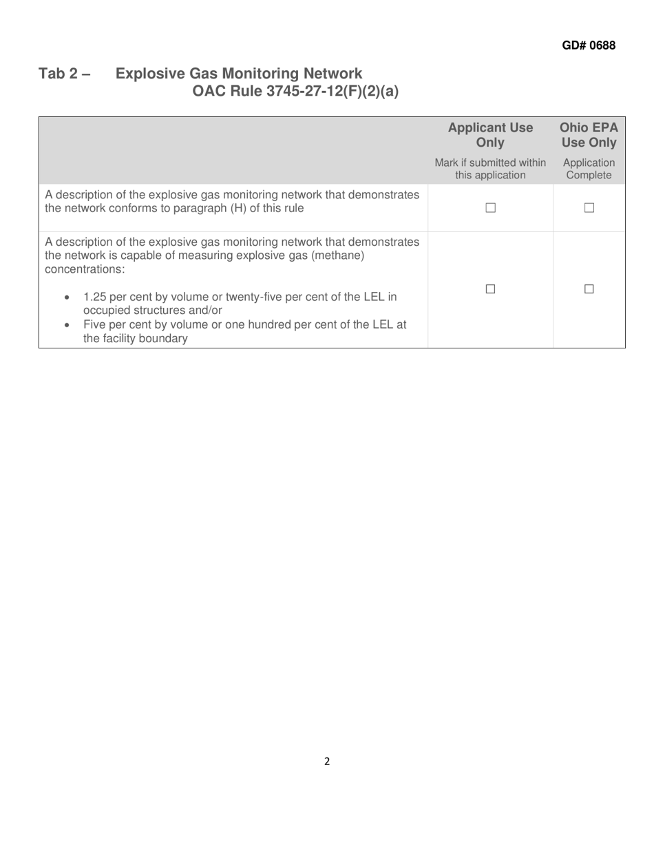 Form GD0688 Explosive Gas Monitoring Plan Application Tabs - Ohio, Page 2