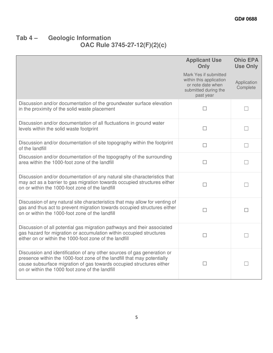 Form GD0688 Explosive Gas Monitoring Plan Application Tabs - Ohio, Page 5