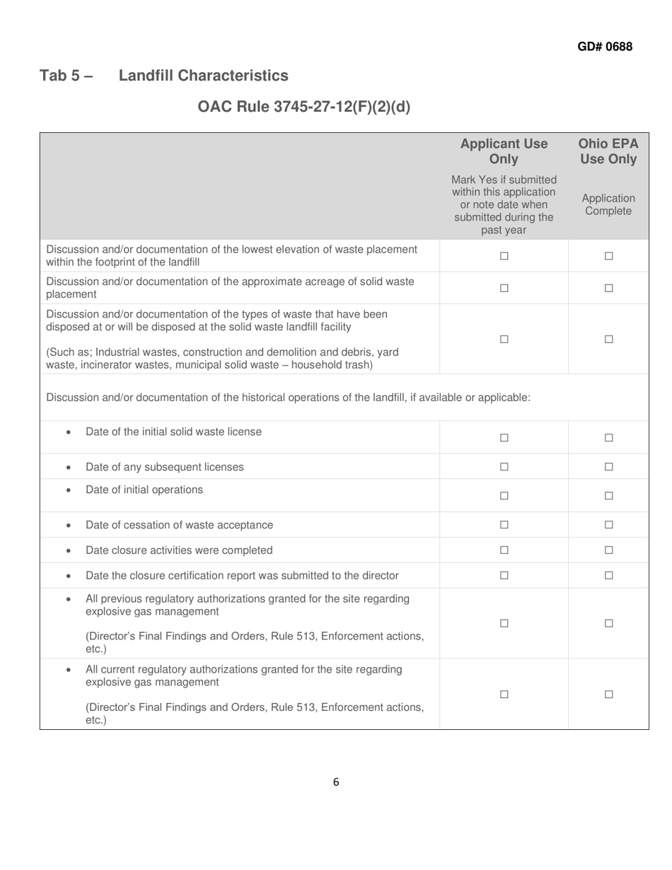 Form GD0688 Explosive Gas Monitoring Plan Application Tabs - Ohio, Page 6