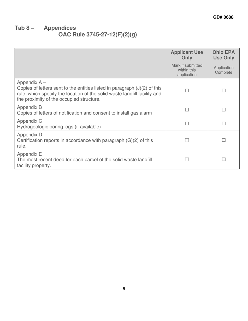 Form GD0688 Explosive Gas Monitoring Plan Application Tabs - Ohio, Page 9