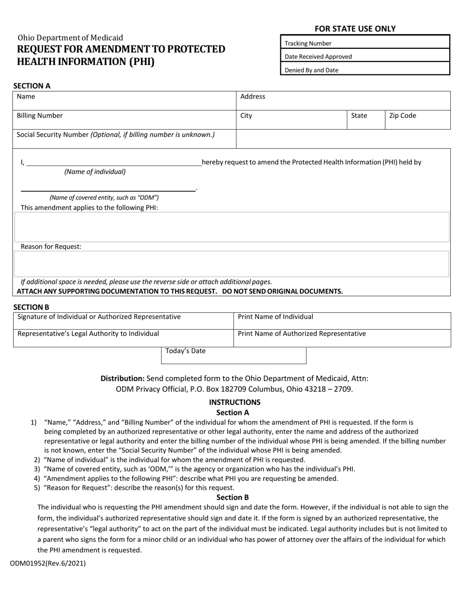 Form ODM01952 Request for Amendment to Protected Health Information (Phi) - Ohio, Page 1