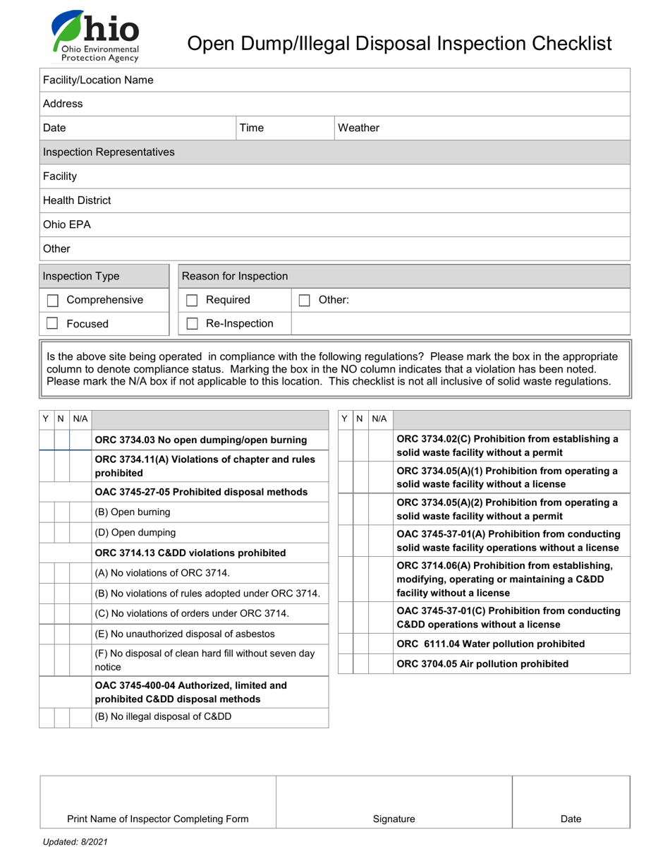 Ohio Open Dump/Illegal Disposal Inspection Checklist Download Printable ...