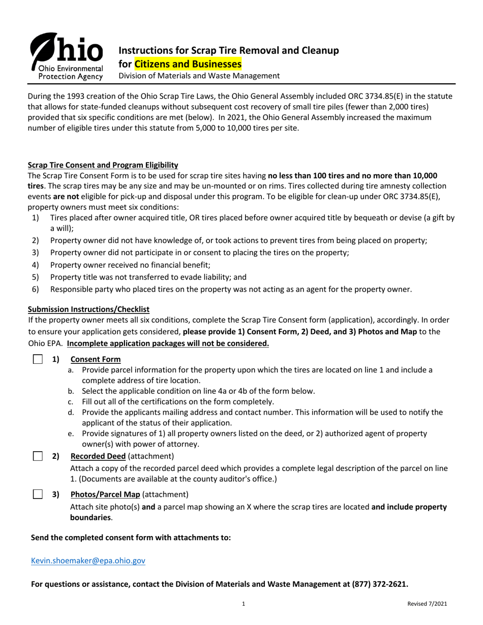 Scrap Tire Removal Certifications and Consent Form for Citizens and Businesses - Ohio, Page 1