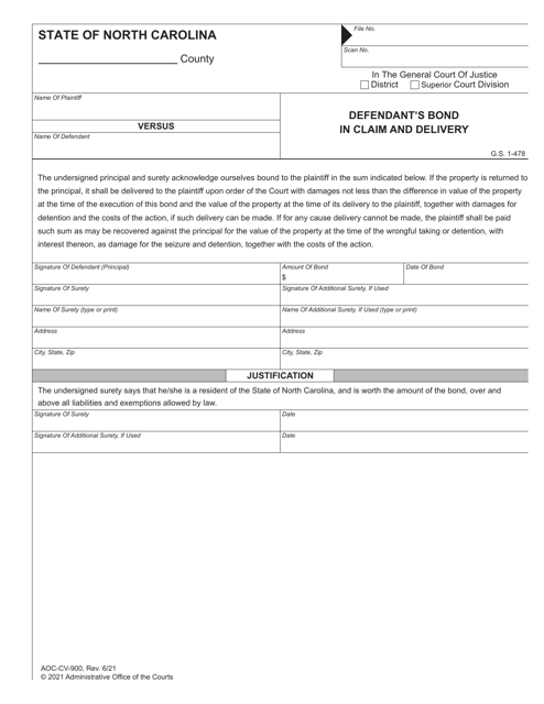 Form AOC-CV-900 Defendant's Bond in Claim and Delivery - North Carolina