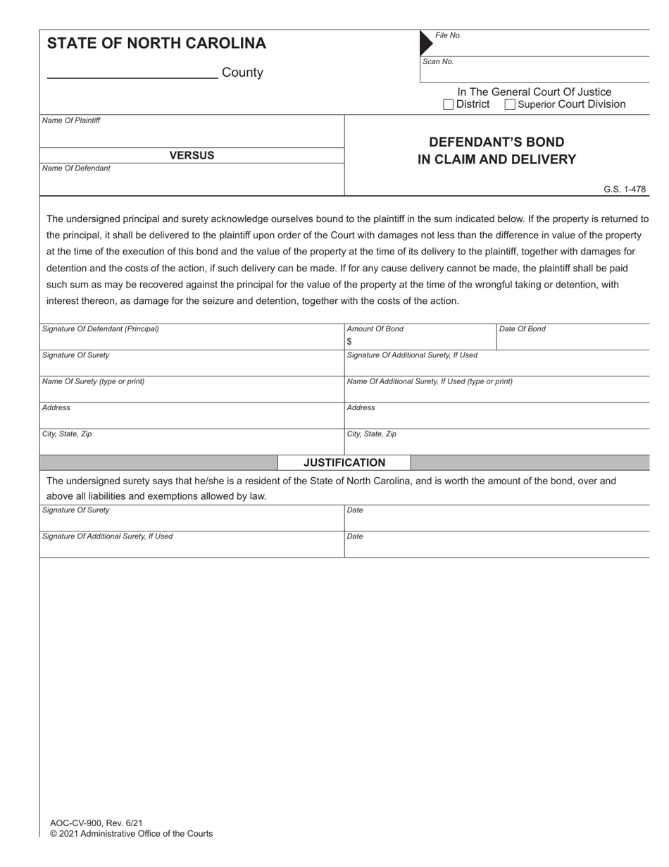 Form AOC-CV-900 Defendants Bond in Claim and Delivery - North Carolina, Page 1