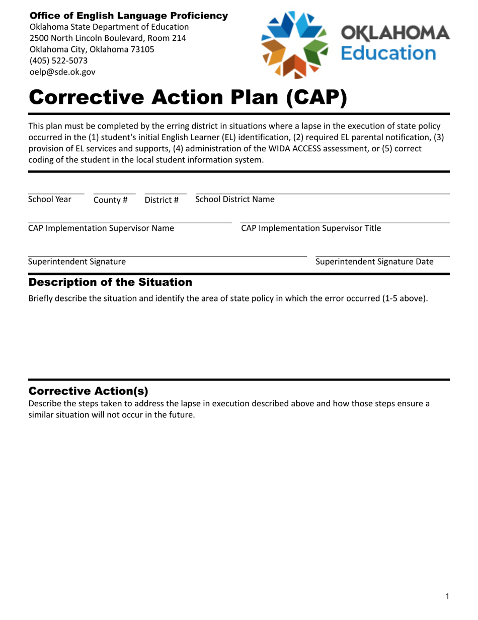 Oklahoma Corrective Action Plan (CAP) Download Fillable PDF 2018 — 2024 ...