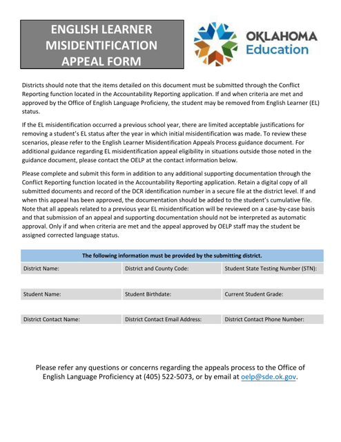 "English Learner Misidentification Appeal Form" - Oklahoma Download Pdf