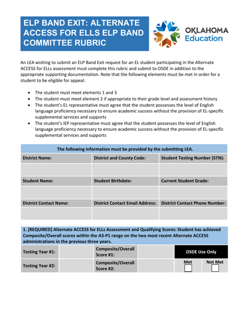 Alternate Access for Ells Elp Band Committee Rubric - Oklahoma Download Pdf
