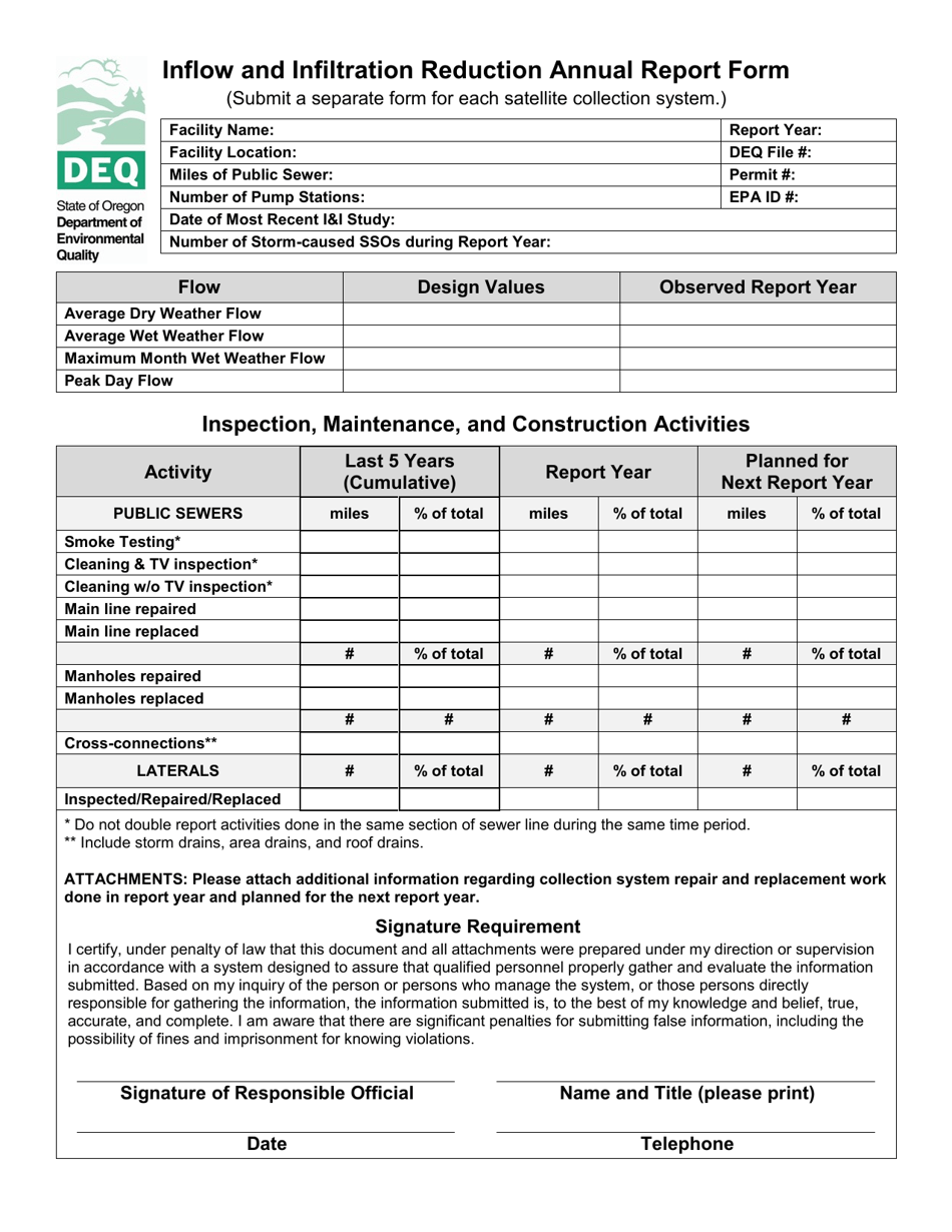 Inflow and Infiltration Reduction Annual Report Form - Oregon, Page 1