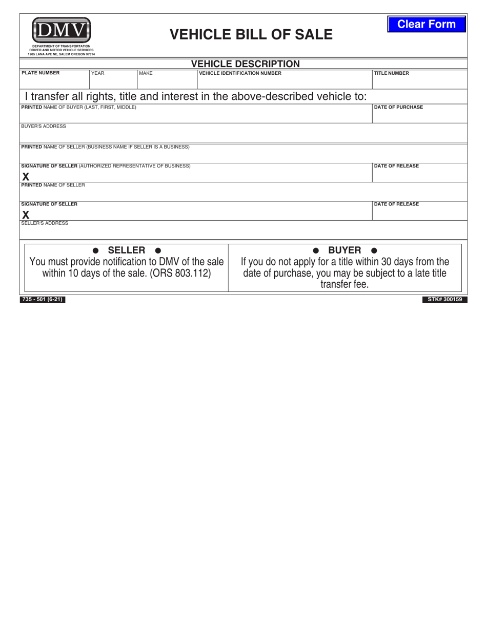 form 735 501 download fillable pdf or fill online vehicle bill of sale oregon templateroller