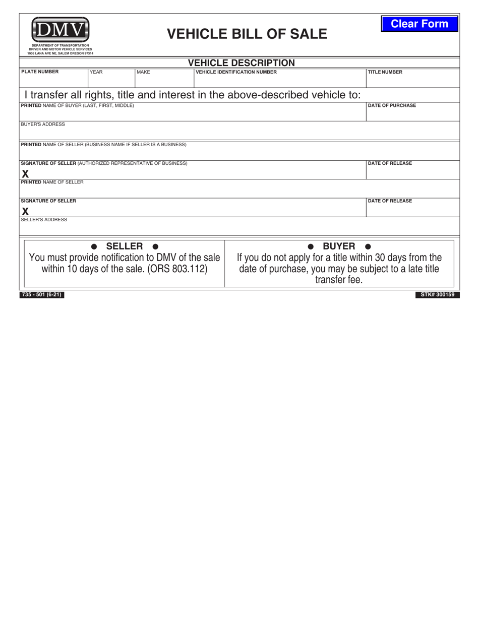 Form 735-501 Vehicle Bill of Sale - Oregon, Page 1