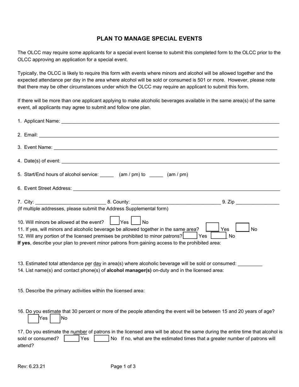 Plan to Manage Special Events - Oregon, Page 1