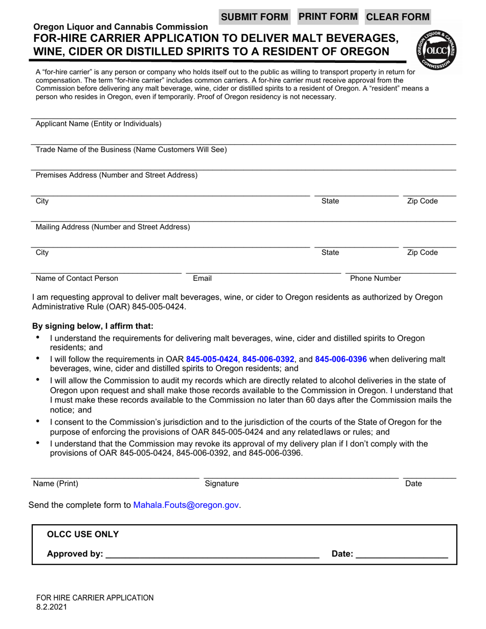 For-Hire Carrier Application to Deliver Malt Beverages, Wine, Cider or Distilled Spirits to a Resident of Oregon - Oregon, Page 1