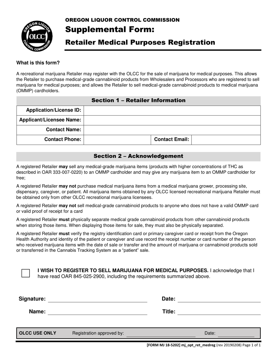 Form MJ18-5202 Retailer Medical Purposes Registration - Oregon, Page 1