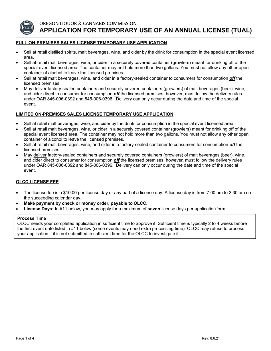 Application for Temporary Use of an Annual License (Tual) - Oregon, Page 1