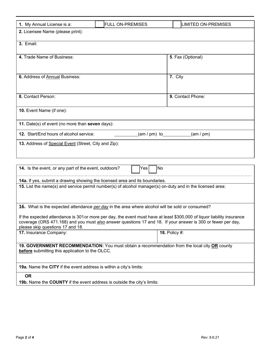 Application for Temporary Use of an Annual License (Tual) - Oregon, Page 2