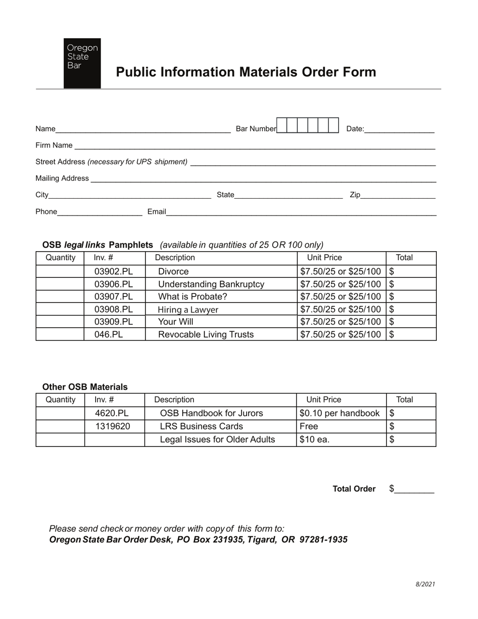 Public Information Materials Order Form - Oregon, Page 1
