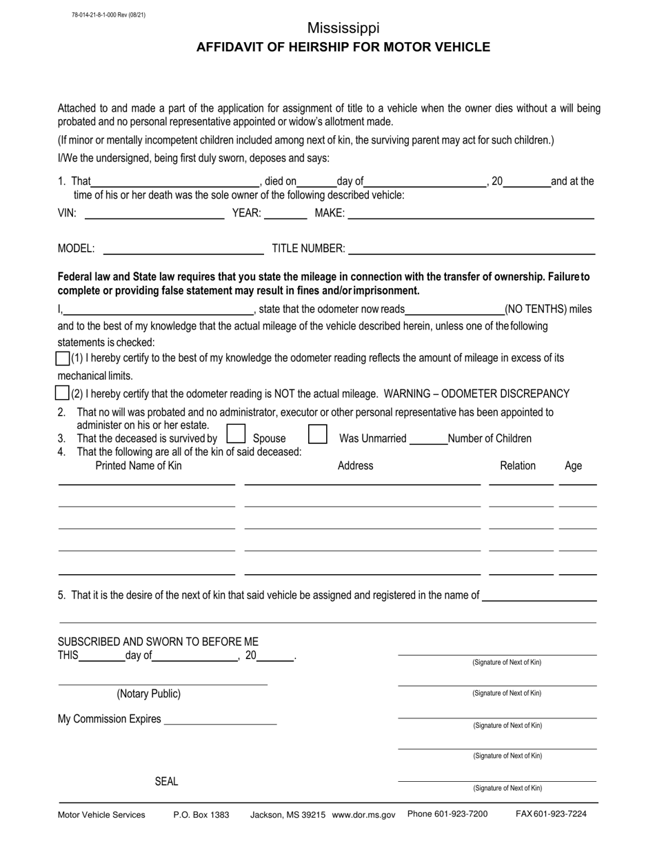 Form 78-014 Affidavit of Heirship for Motor Vehicle - Mississippi, Page 1