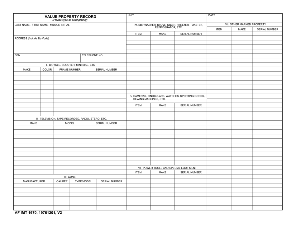 AF IMT Form 1670 Valuable Property Record, Page 1