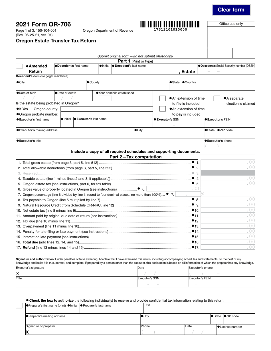 Form OR-706 (150-104-001) Oregon Estate Transfer Tax Return - Oregon, Page 1