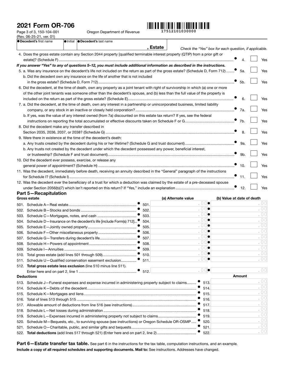 Form OR-706 (150-104-001) Oregon Estate Transfer Tax Return - Oregon, Page 3