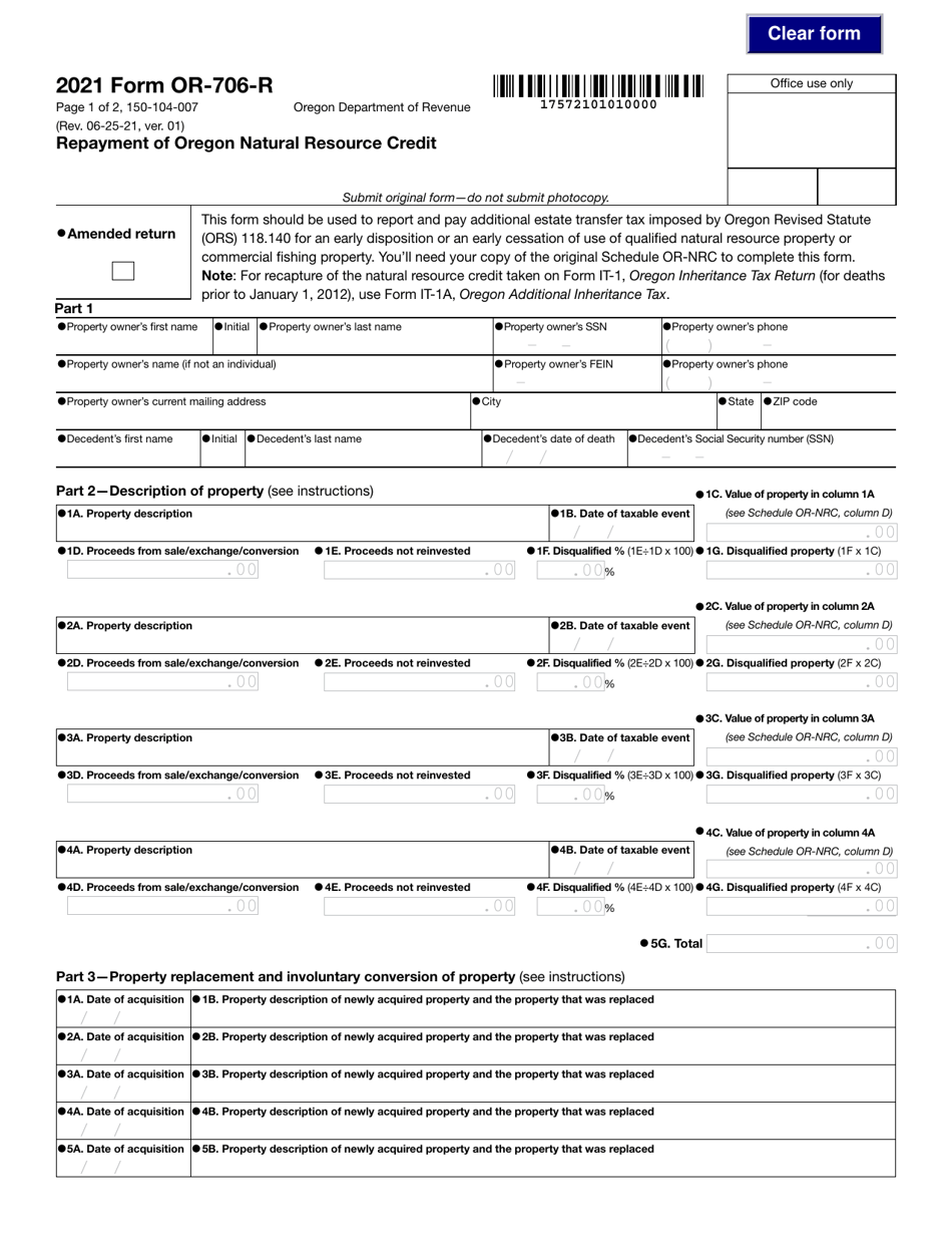 Form OR-706-R (150-104-007) Repayment of Oregon Natural Resource Credit - Oregon, Page 1
