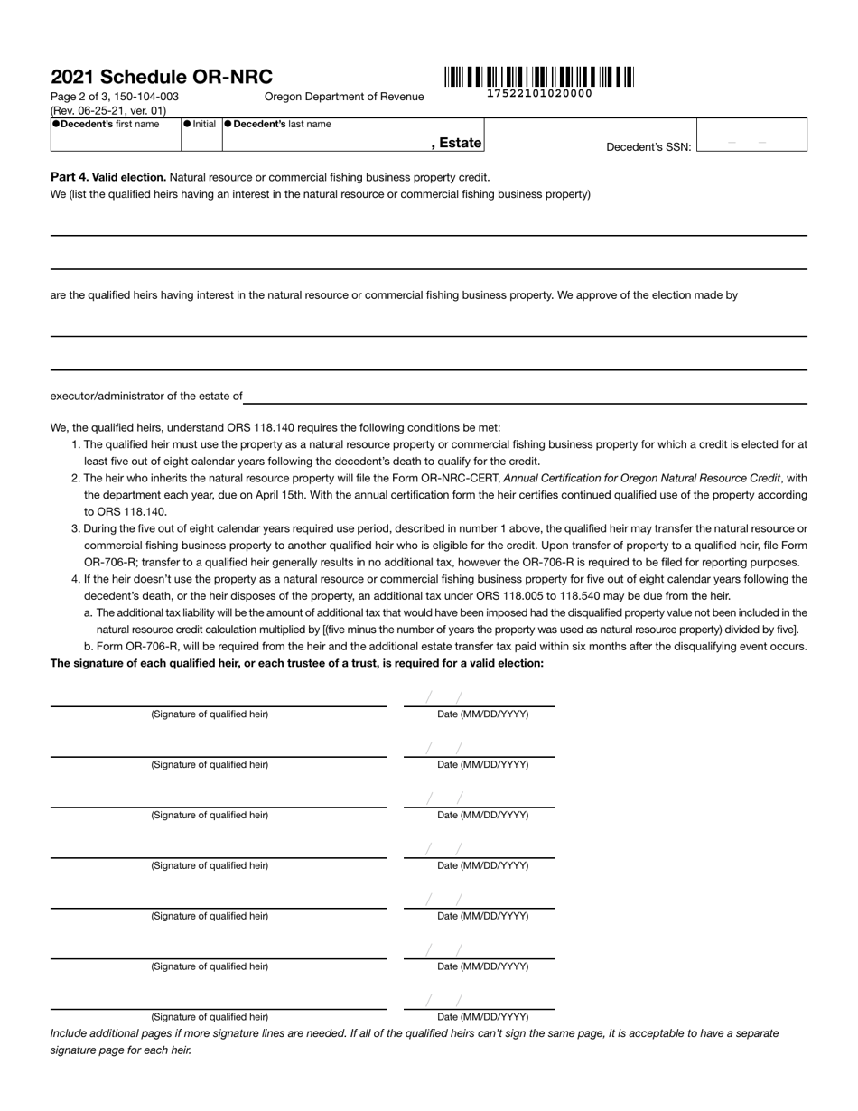Form 150-104-003 Schedule OR-NRC Oregon Natural Resource Credit - Oregon, Page 2