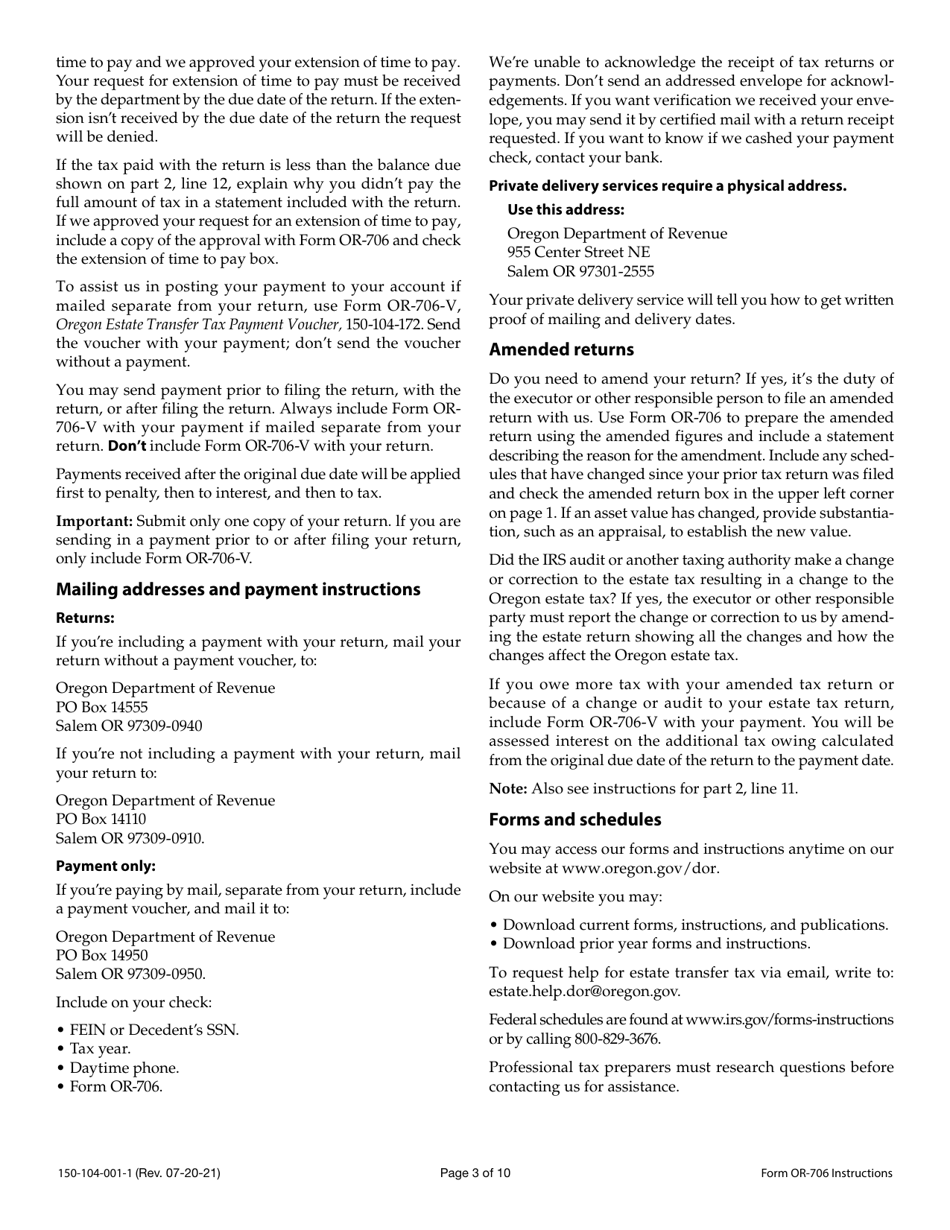 Instructions for Form OR-706, 150-104-001 Oregon Estate Transfer Tax Return - Oregon, Page 3