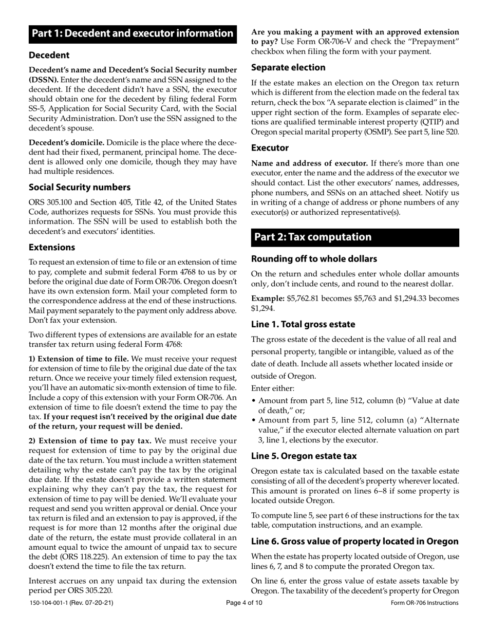 Instructions for Form OR-706, 150-104-001 Oregon Estate Transfer Tax Return - Oregon, Page 4