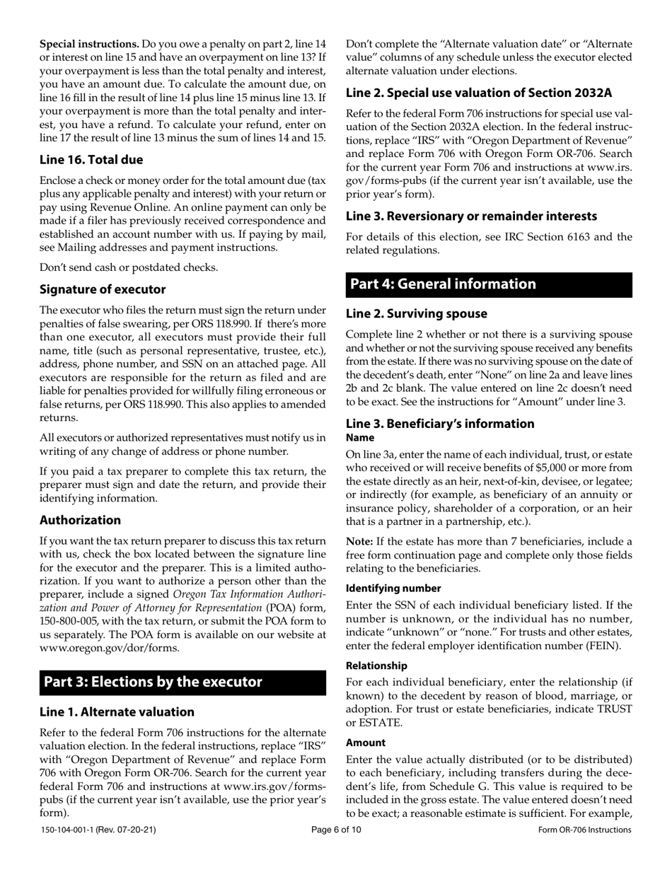 Instructions for Form OR-706, 150-104-001 Oregon Estate Transfer Tax Return - Oregon, Page 6