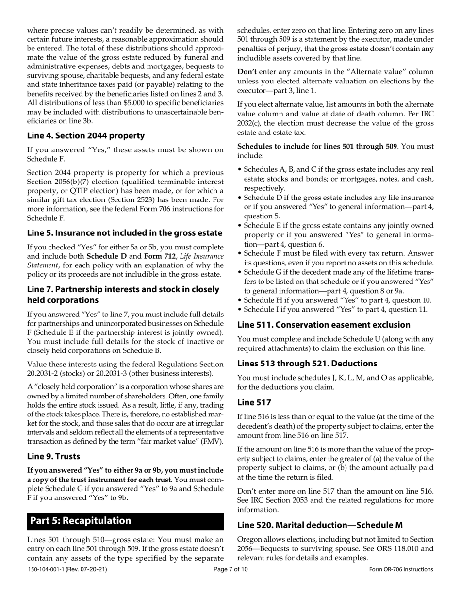 Instructions for Form OR-706, 150-104-001 Oregon Estate Transfer Tax Return - Oregon, Page 7