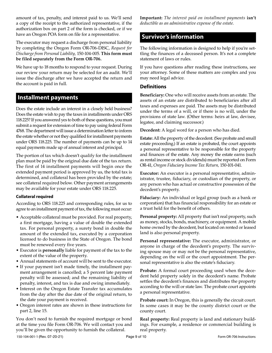 Instructions for Form OR-706, 150-104-001 Oregon Estate Transfer Tax Return - Oregon, Page 9