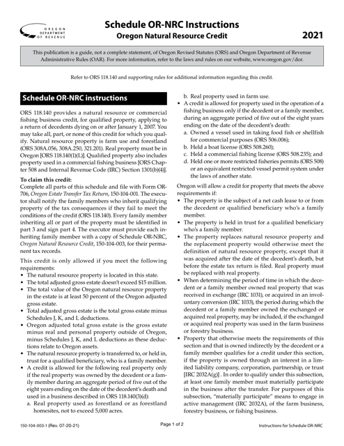 Form 150-104-003 Schedule OR-NRC 2021 Printable Pdf