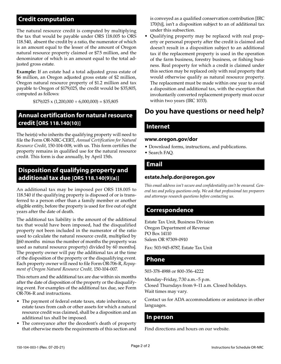 Instructions for Form 150-104-003 Schedule OR-NRC Oregon Natural Resource Credit - Oregon, Page 2