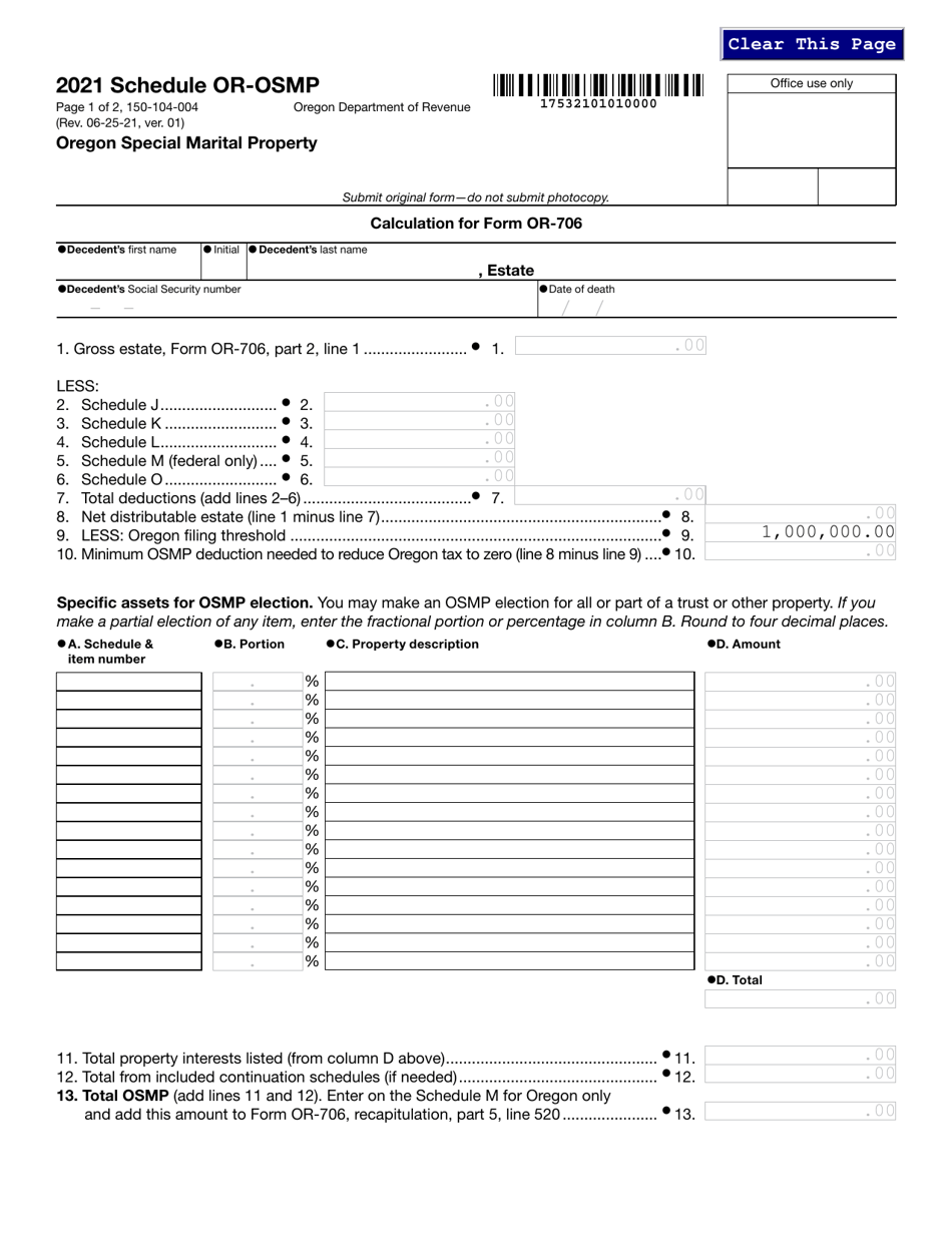 Form 150104004 Schedule OROSMP Download Fillable PDF or Fill Online